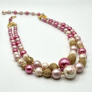 Vintage mid century pink and gold double strand beaded necklace